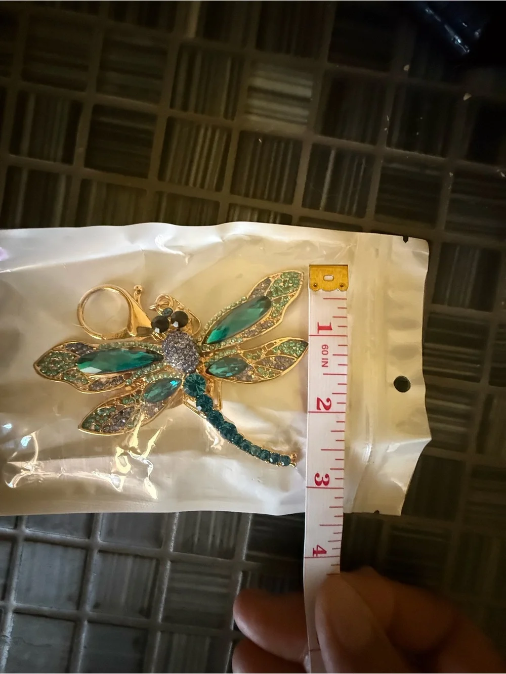 Gold & Teal Dragonfly Keychain with Green Crystal Accents